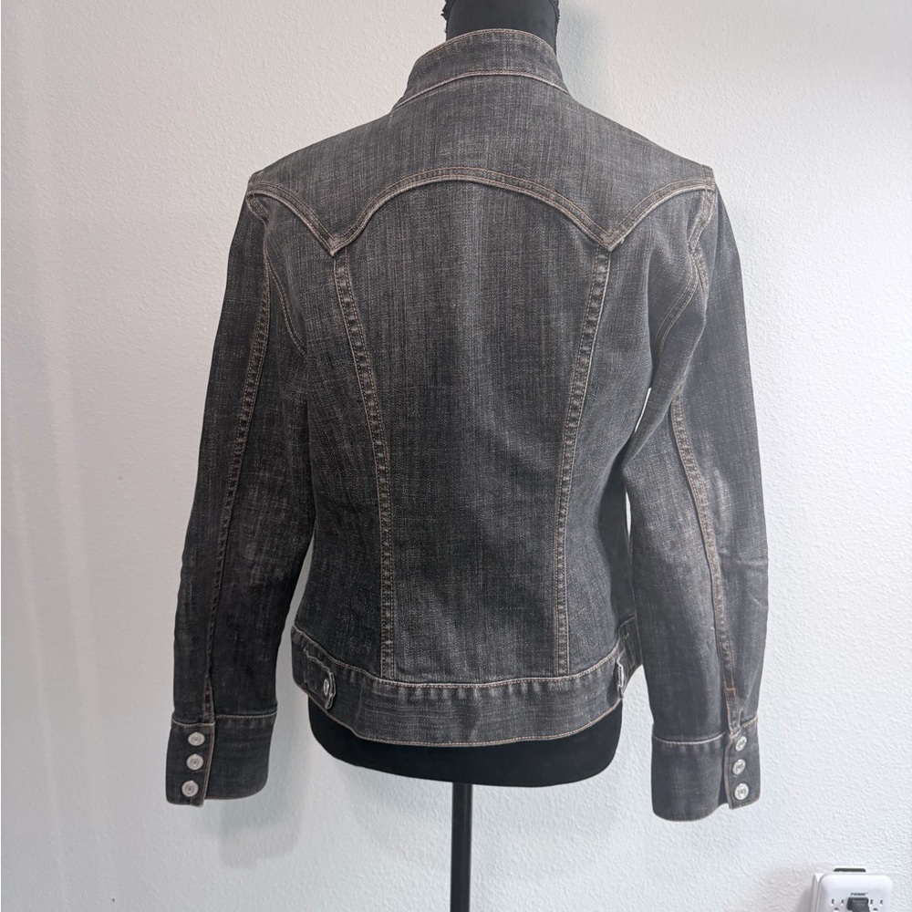 GAP Stretch Denim Jacket Dark Wash Band Collar Trucker Jacket Size M Y2K - Picture 3 of 6